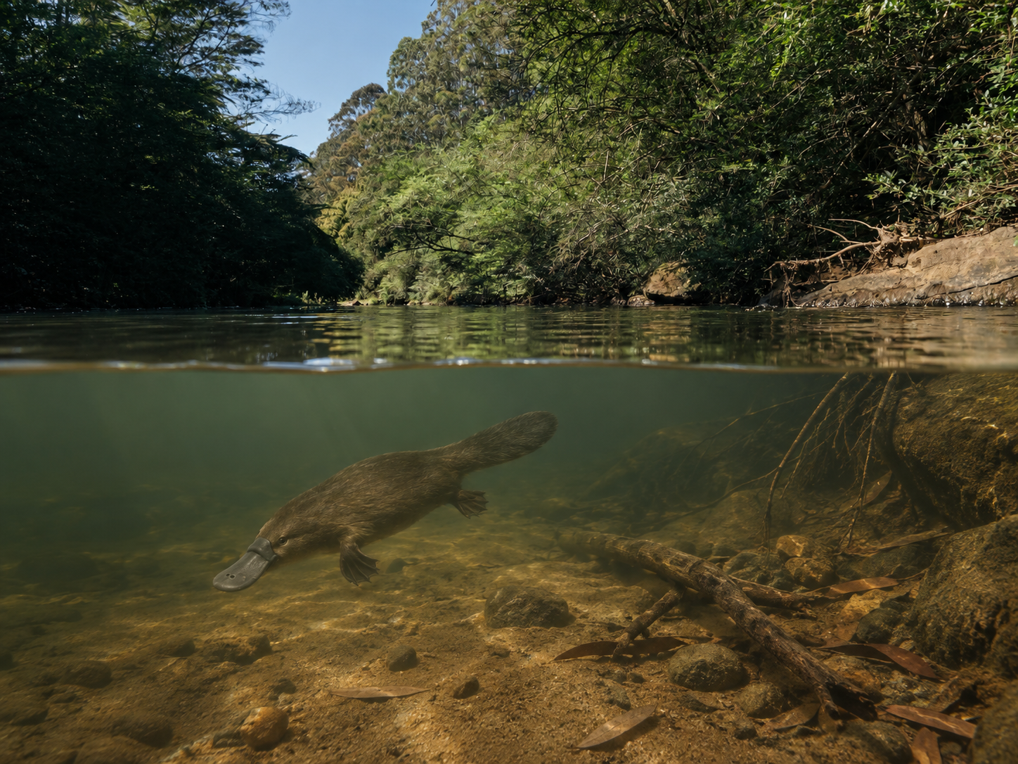 Educational illustration of a platypus swimming fully underwater, with bank roots on the right and stones, leaves and wood on the creek bed